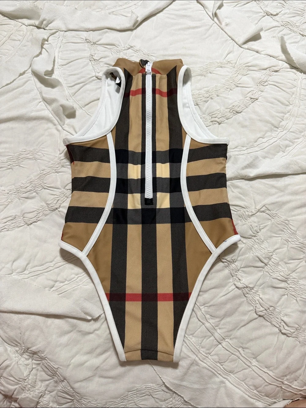Burberry Beige, Black & Red Check High-Neck Kids One-Piece Swimsuit - Picture 2 of 6